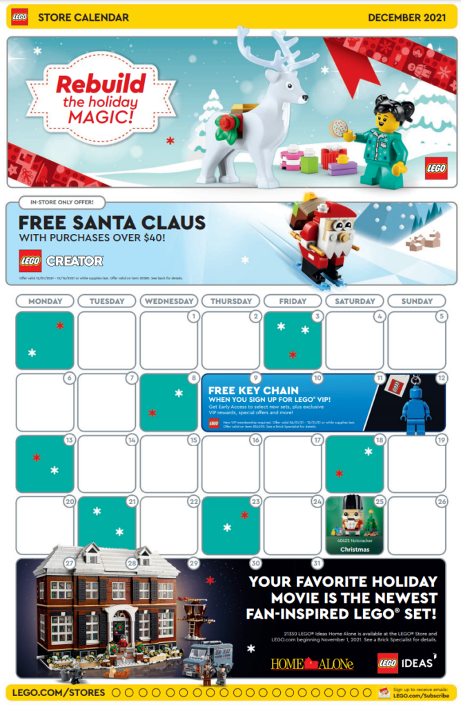 LEGO Store calendar december 2021 US front